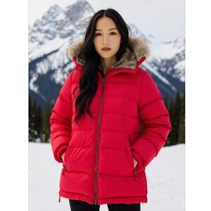 Parajumpers Red Puffer Jacket Fur Trimmed Hood